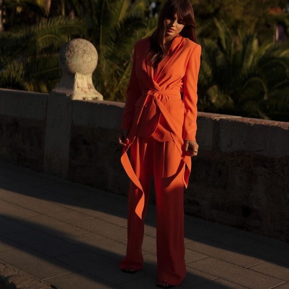 ZARA 2 PIECE BELTED TUXEDO COLLAR BLAZER AND HIGH WAISTED PANTS - Picture 2 of 10